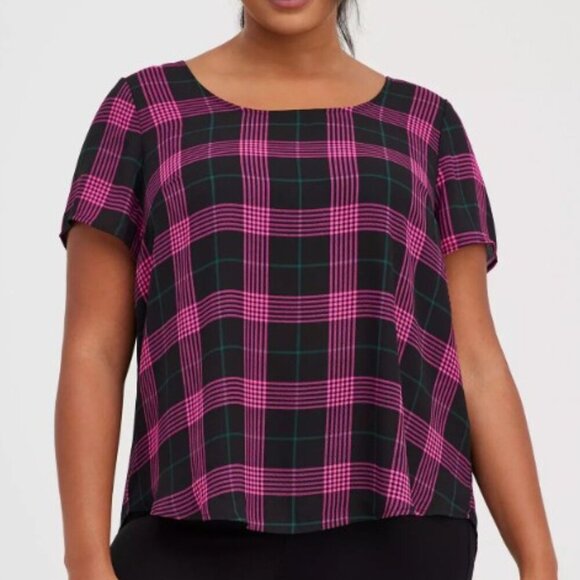Torrid Pink and Black Georgette Plaid Button Back Sheer Blouse 4 4X 26 - Picture 1 of 8